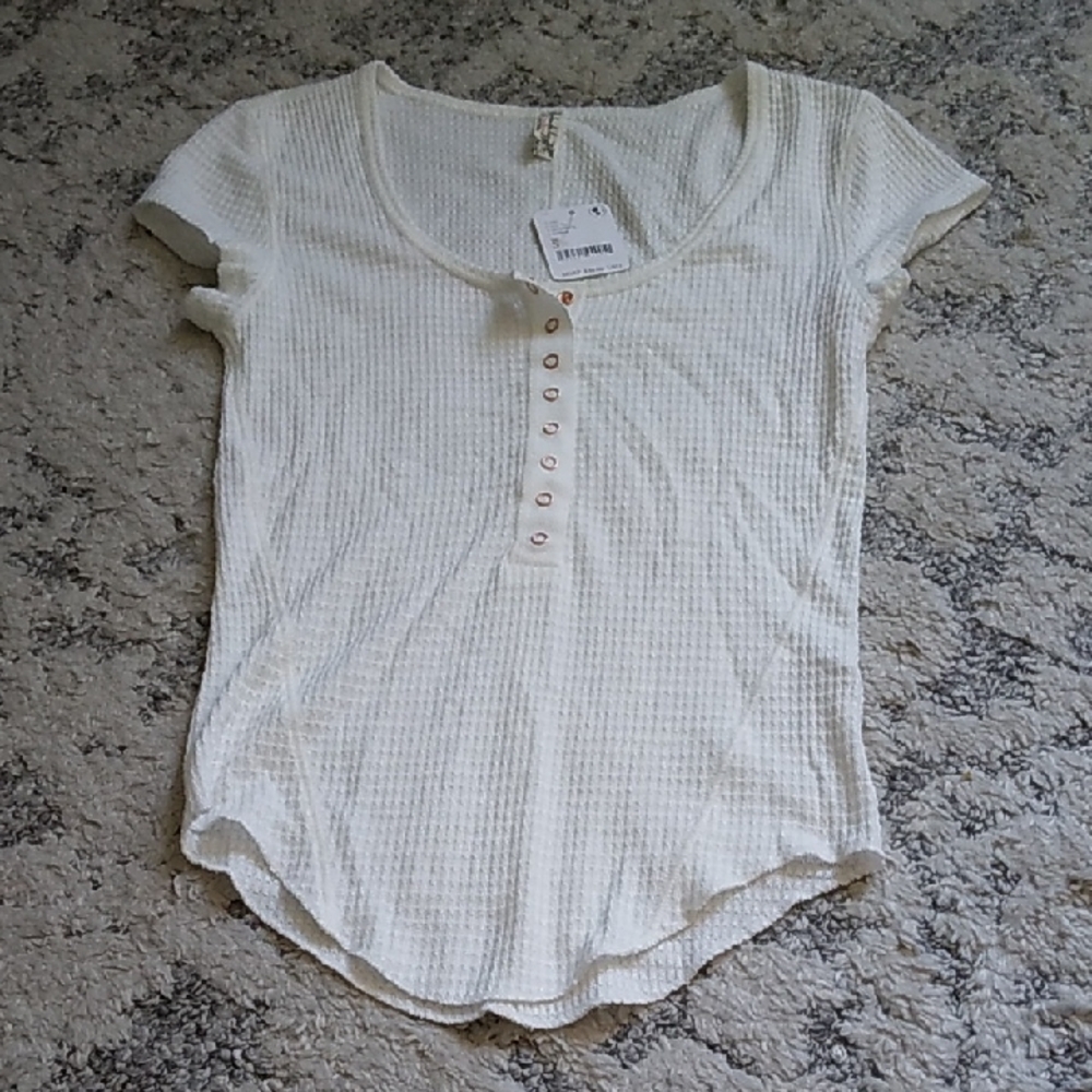Free People Cream Short Sleeve Henley Top